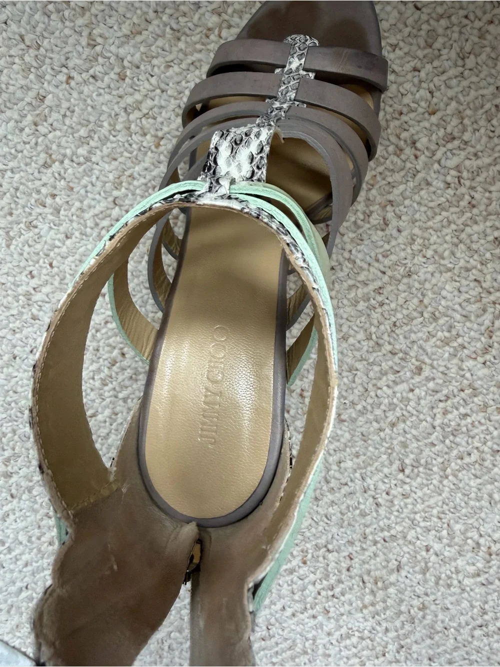Jimmy Choo Pale Green and Gray Snake-Trim Cork Wedge Sandals